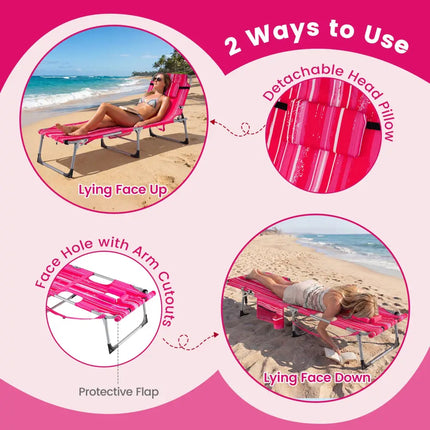 Tanning Chair with Face Arm Holes Portable Sunbathing Chair-Pink Strip - Pink Stripe - Beach & Lawn Chairs
