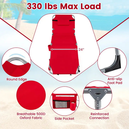 Tanning Chair with Face Arm Holes Portable Sunbathing Chair-Red - Red - Beach & Lawn Chairs