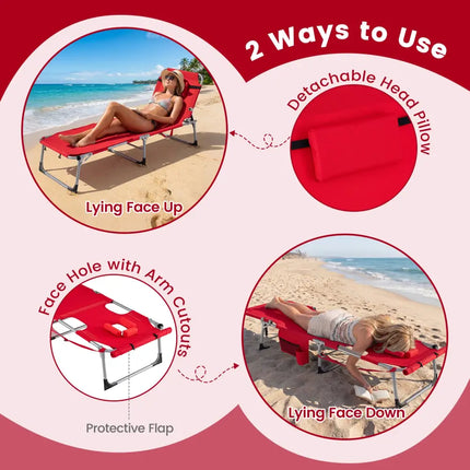 Tanning Chair with Face Arm Holes Portable Sunbathing Chair-Red - Red - Beach & Lawn Chairs