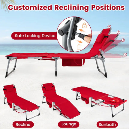 Tanning Chair with Face Arm Holes Portable Sunbathing Chair-Red - Red - Beach & Lawn Chairs