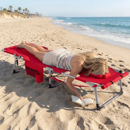 Tanning Chair with Face Arm Holes Portable Sunbathing Chair-Red - Red - Beach & Lawn Chairs