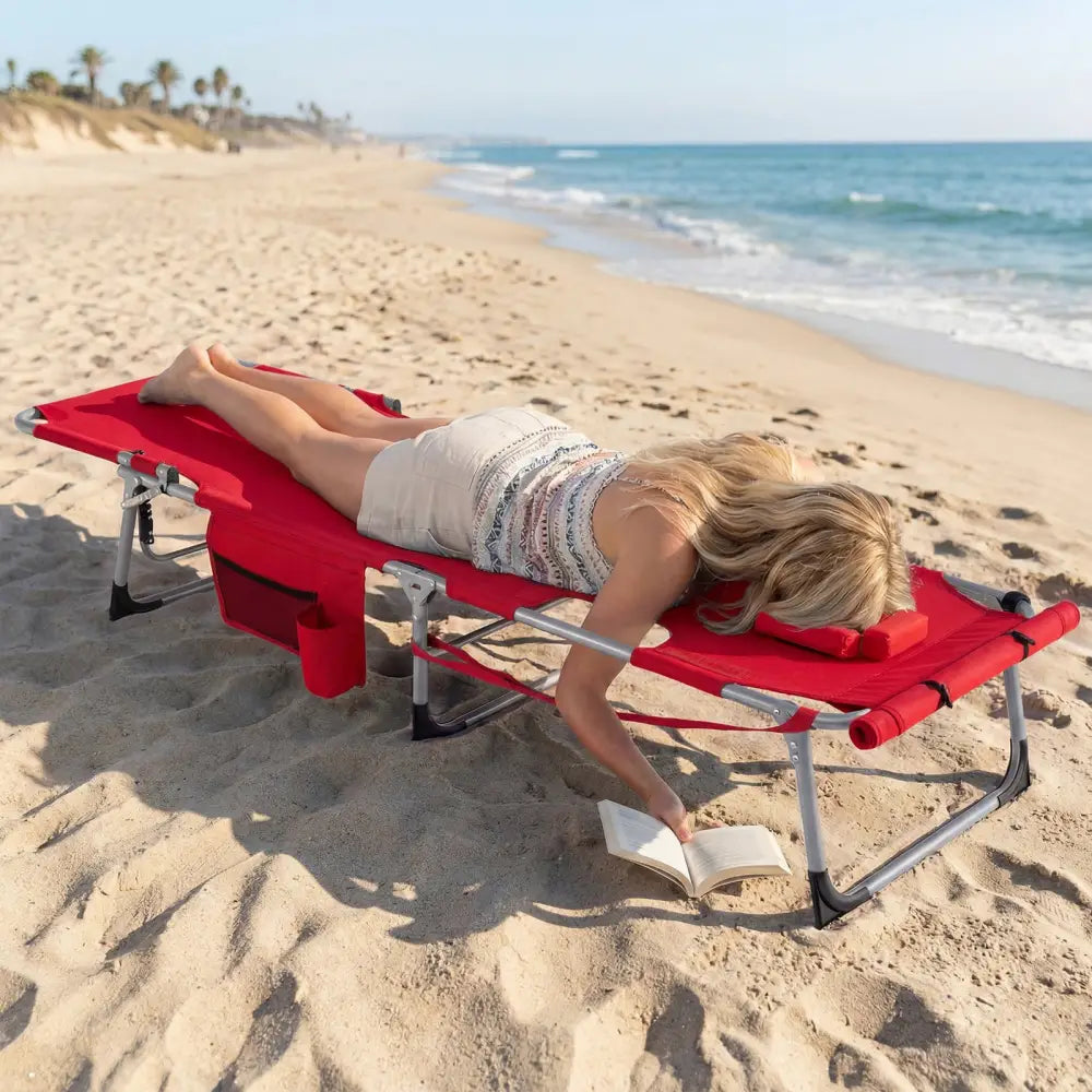 Tanning Chair with Face Arm Holes Portable Sunbathing Chair-Red - Red - Outdoor Chaise Lounges