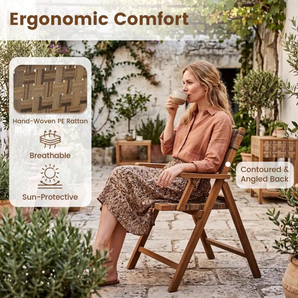 Teak Folding Chairs Set of 2 with Hand-Woven Rattan and Contoured Back - Patio Dining Chairs