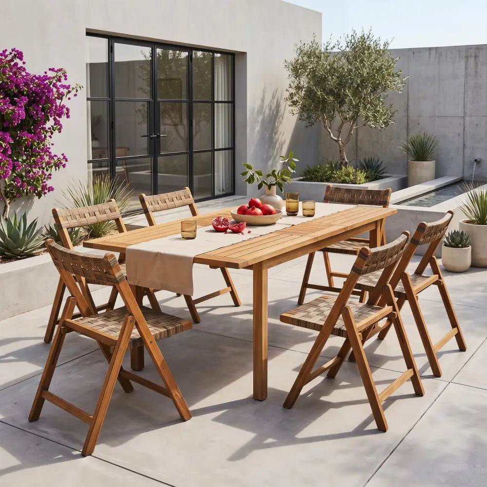 Teak Folding Chairs Set of 2 with Hand-Woven Rattan and Contoured Back - Patio Dining Chairs