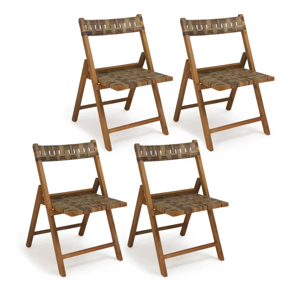 Teak Folding Chairs Set of 2 with Hand-Woven Rattan and Contoured Back - Patio Dining Chairs