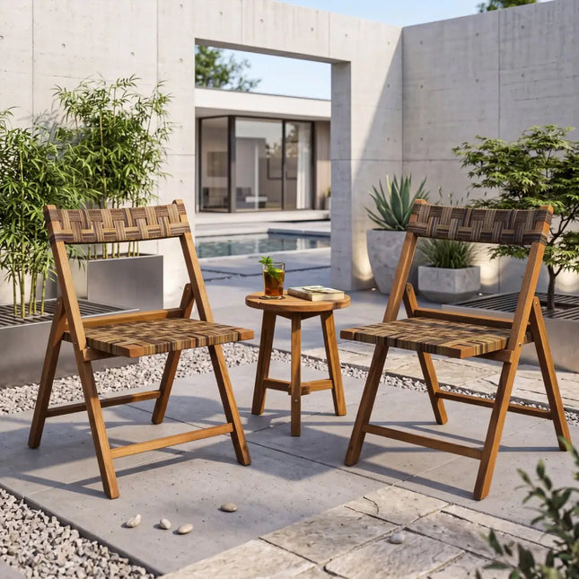 Teak Folding Chairs Set of 2 with Hand-Woven Rattan and Contoured Back - Patio Dining Chairs