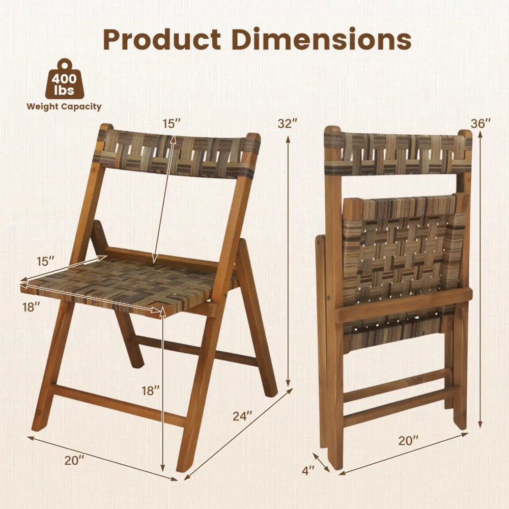 Teak Folding Chairs Set of 2 with Hand-Woven Rattan and Contoured Back - Patio Dining Chairs