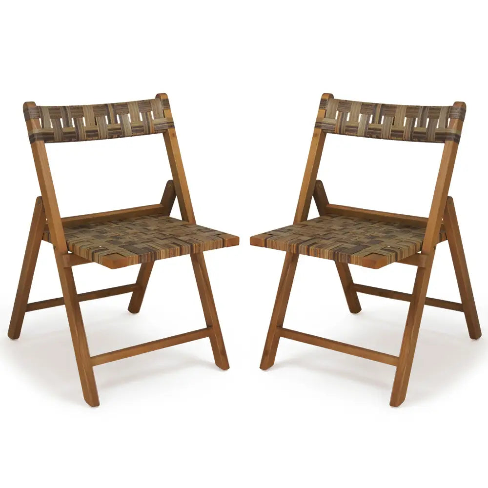 Teak Folding Chairs Set of 2 with Hand-Woven Rattan and Contoured Back - Patio Dining Chairs