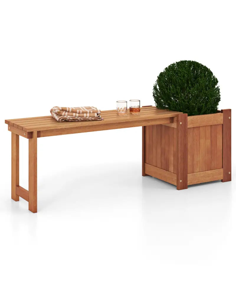 Teak Oil Finish Raised Garden Bed Wood Planter Box with Bench - Raised Garden Beds