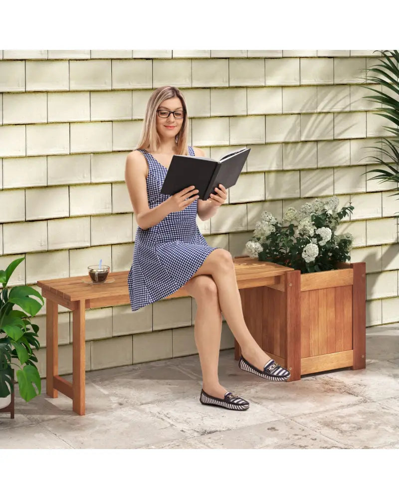 Teak Oil Finish Raised Garden Bed Wood Planter Box with Bench - Raised Garden Beds