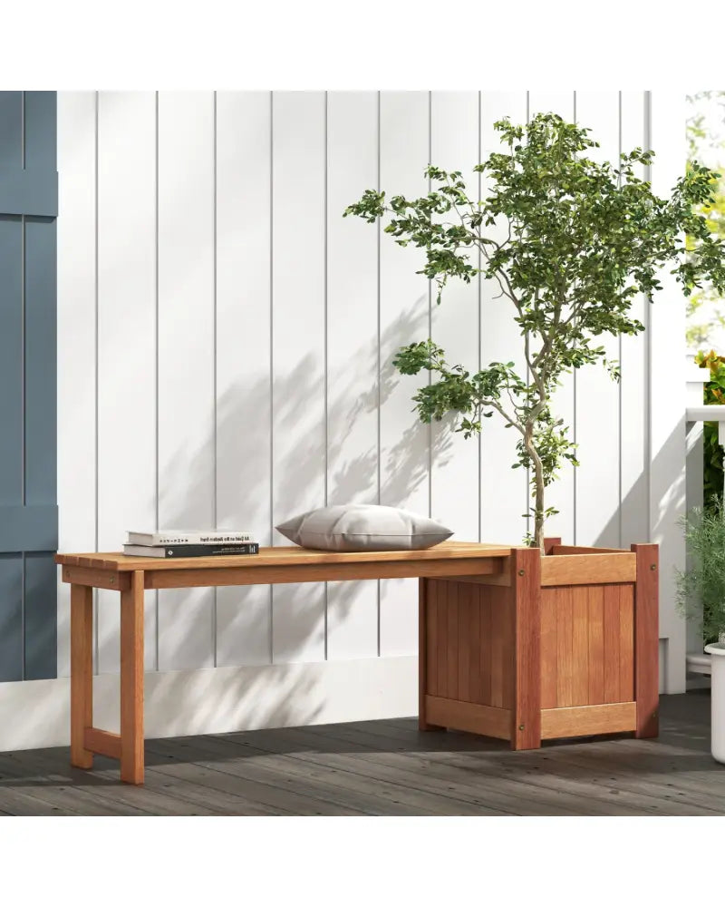 Teak Oil Finish Raised Garden Bed Wood Planter Box with Bench - Raised Garden Beds