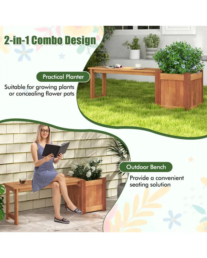Teak Oil Finish Raised Garden Bed Wood Planter Box with Bench - Raised Garden Beds