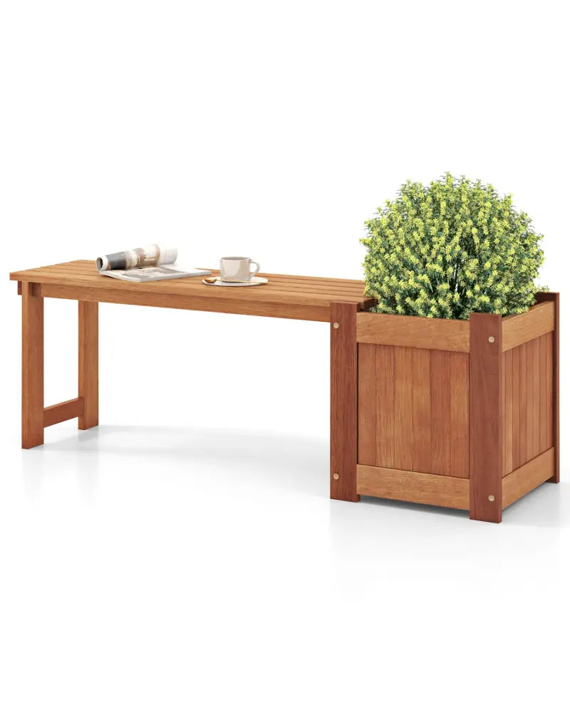 Teak Oil Finish Raised Garden Bed Wood Planter Box with Bench - Raised Garden Beds