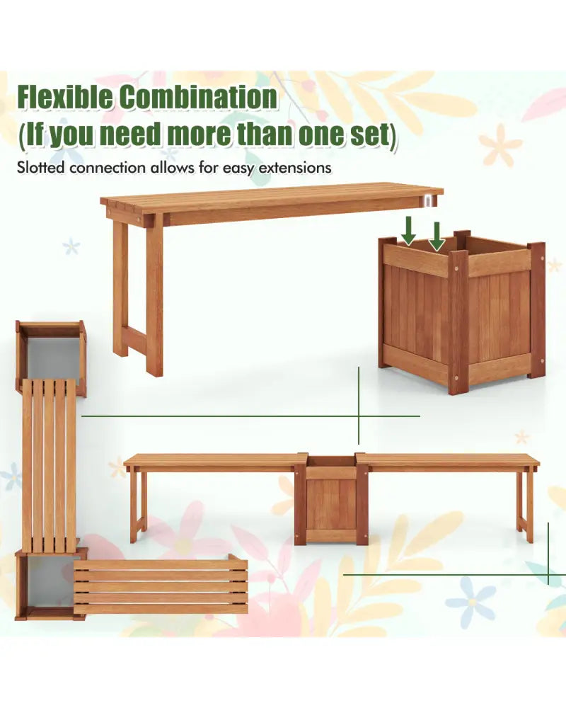 Teak Oil Finish Raised Garden Bed Wood Planter Box with Bench - Raised Garden Beds