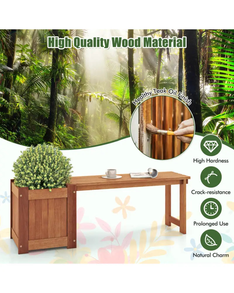Teak Oil Finish Raised Garden Bed Wood Planter Box with Bench - Raised Garden Beds