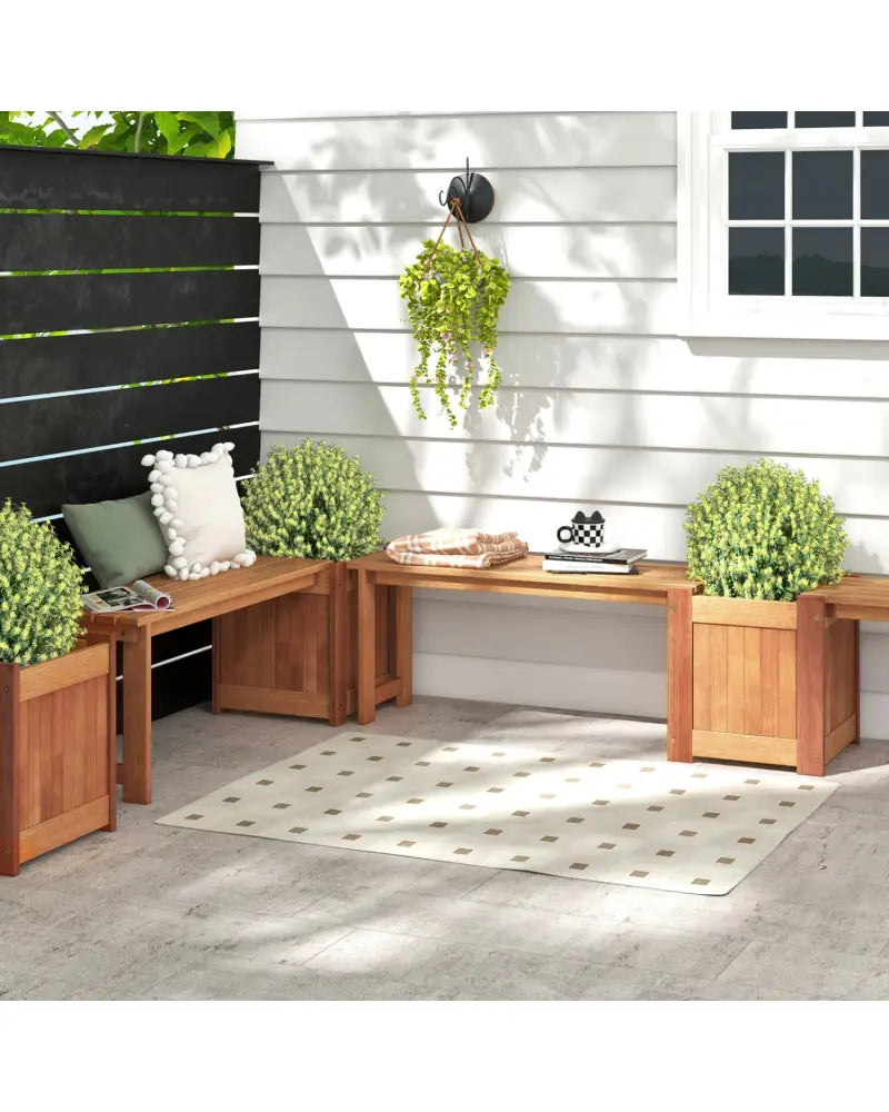 Teak Oil Finish Raised Garden Bed Wood Planter Box with Bench - Raised Garden Beds