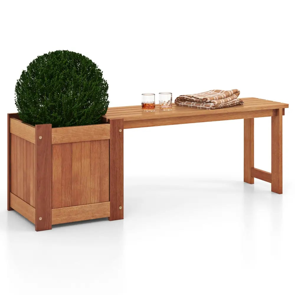 Teak Oil Finish Raised Garden Bed Wood Planter Box with Bench - Potting Benches & Tables