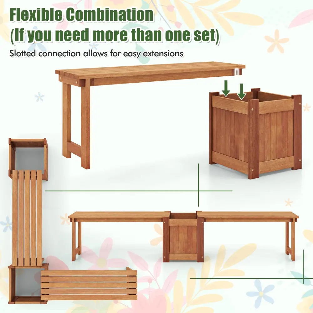 Teak Oil Finish Raised Garden Bed Wood Planter Box with Bench - Potting Benches & Tables