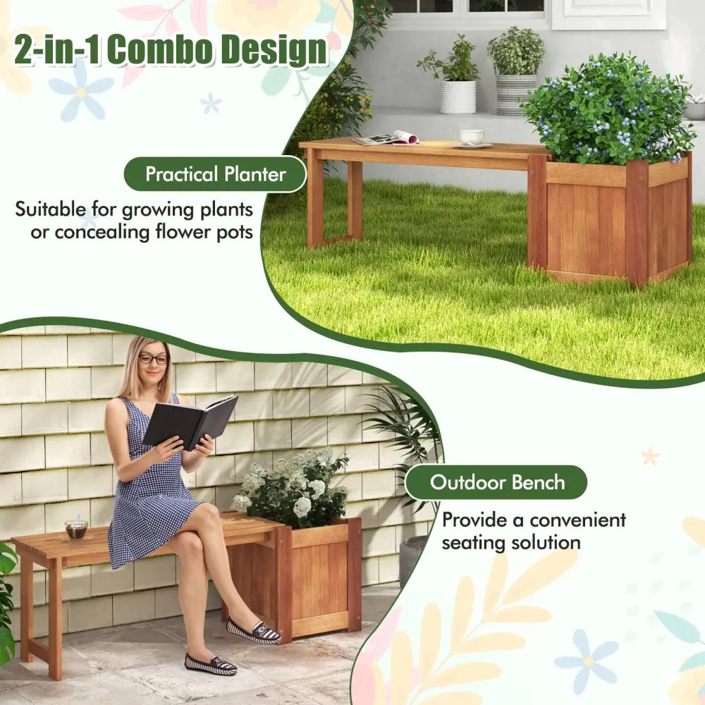 Teak Oil Finish Raised Garden Bed Wood Planter Box with Bench - Potting Benches & Tables