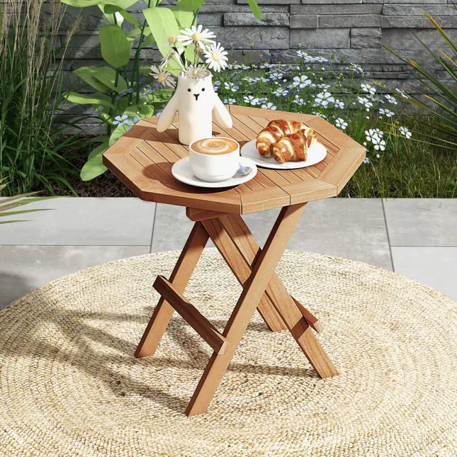 Teak Wood Octagon Coffee Table with X-shaped Legs and Slatted Tabletop - Natural - Patio Coffee Tables