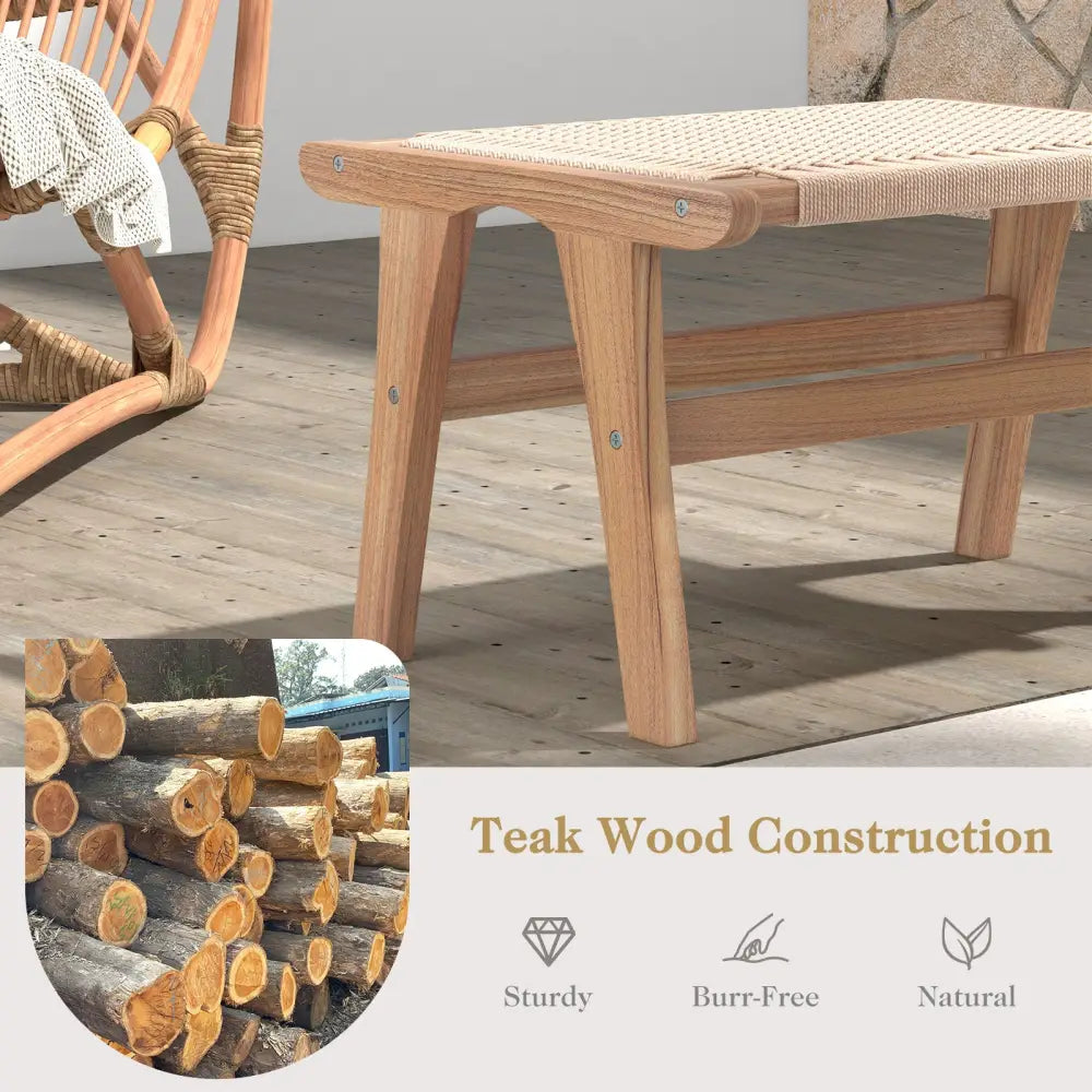 Teak Wood Ottoman Footstool with Braided Rope for Living Room - Natural - Ottomans