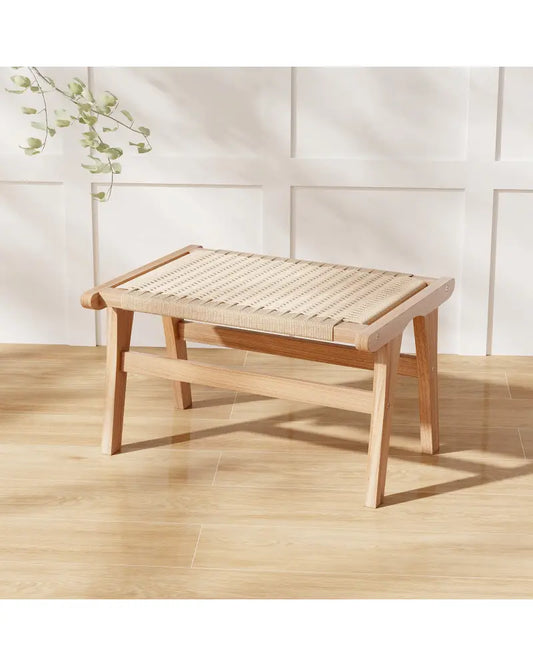 Teak Wood Ottoman Footstool with Braided Rope for Living Room - Natural - Ottomans