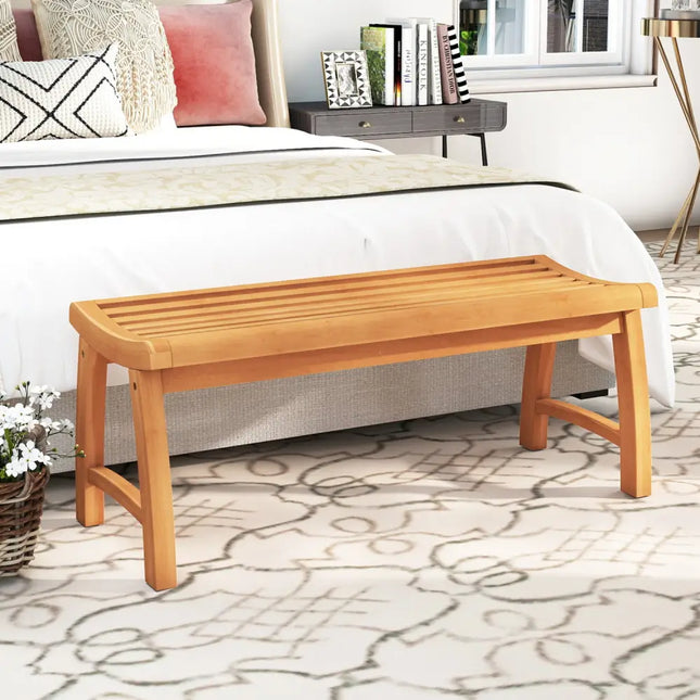 Teak Wood Outdoor Backless Bench with Contoured Slatted Seat - Outdoor Benches