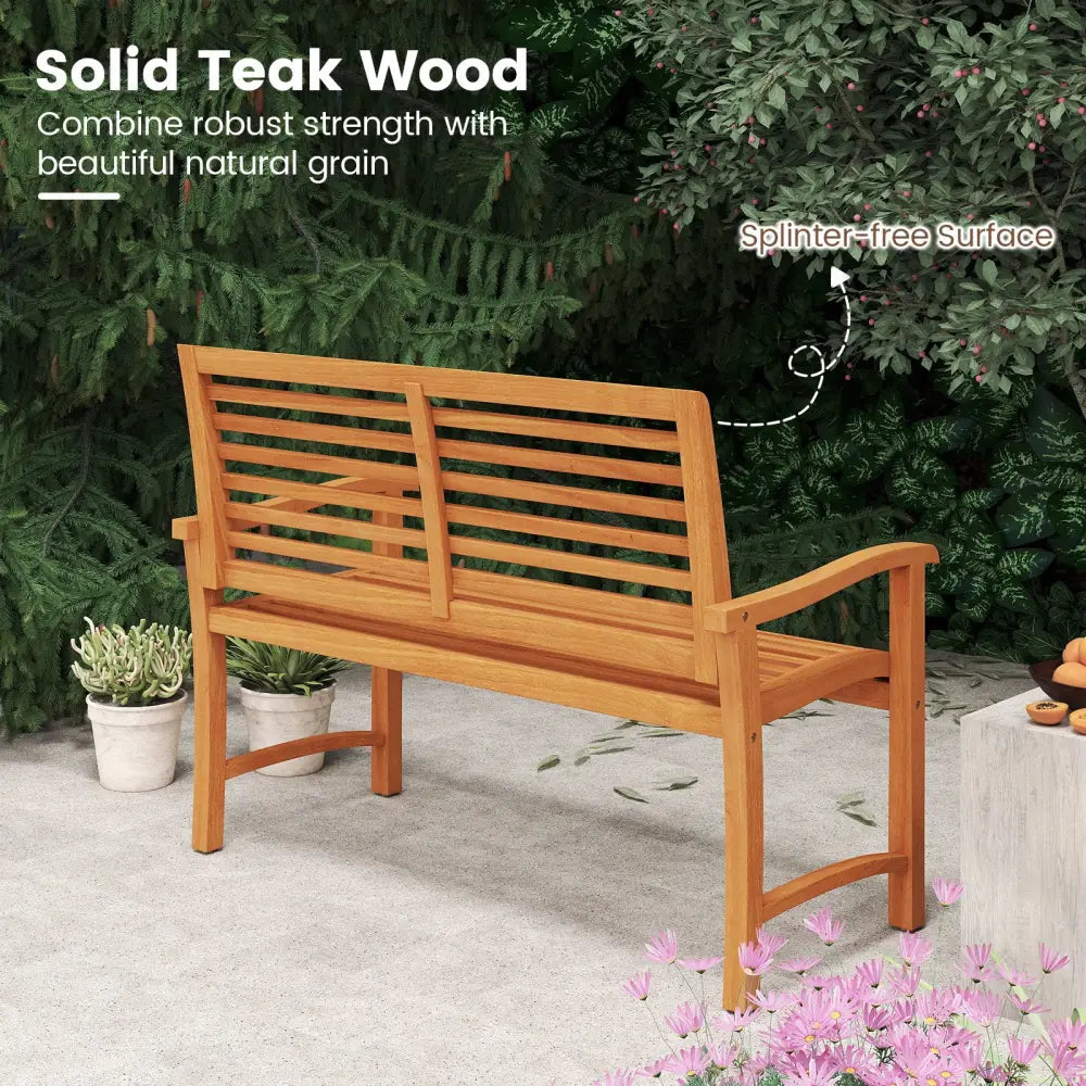 Teak Wood Outdoor Garden Bench with Slatted Backrest and Seat - Outdoor Benches