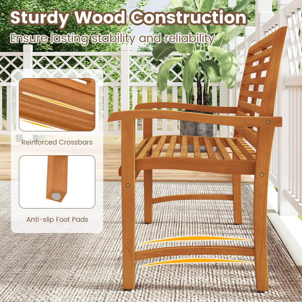 Teak Wood Outdoor Garden Bench with Slatted Backrest and Seat - Outdoor Benches