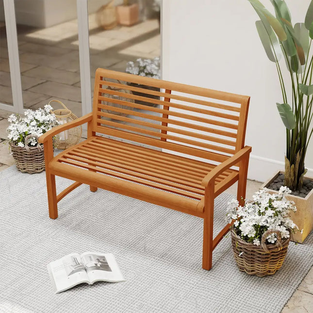 Teak Wood Outdoor Garden Bench with Slatted Backrest and Seat - Outdoor Benches