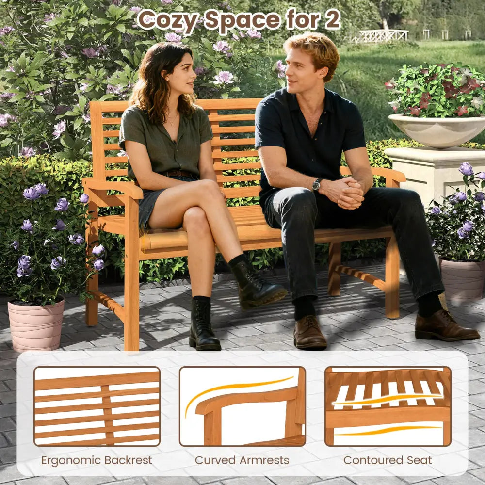 Teak Wood Outdoor Garden Bench with Slatted Backrest and Seat - Outdoor Benches