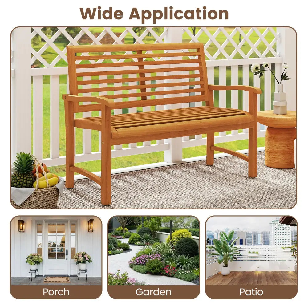Teak Wood Outdoor Garden Bench with Slatted Backrest and Seat - Outdoor Benches