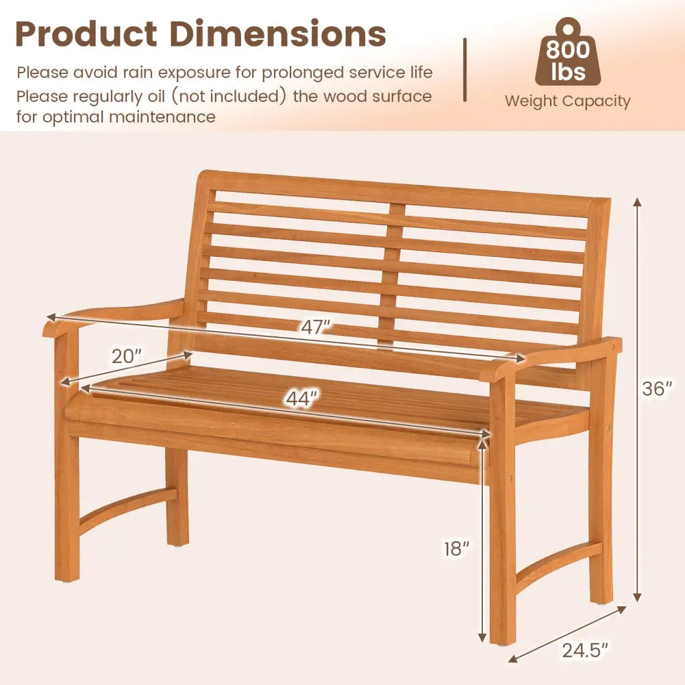 Teak Wood Outdoor Garden Bench with Slatted Backrest and Seat - Outdoor Benches