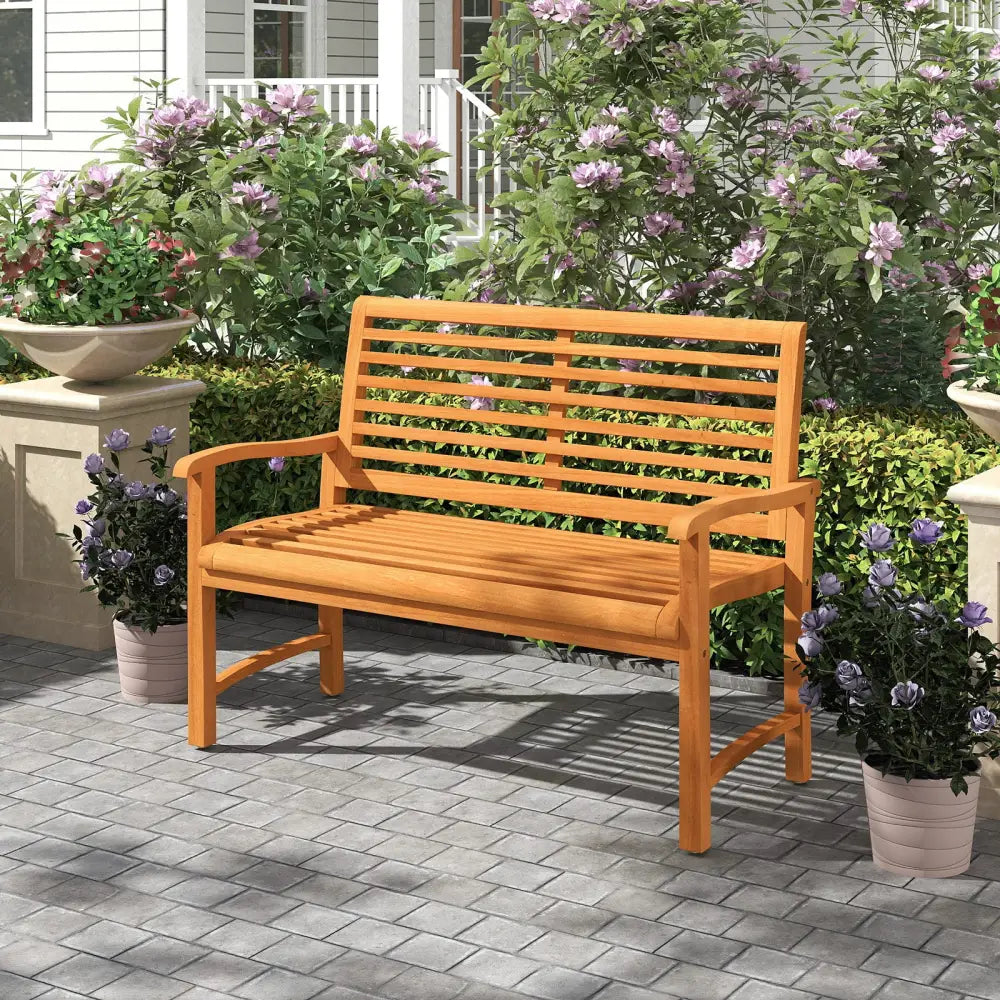Teak Wood Outdoor Garden Bench with Slatted Backrest and Seat - Outdoor Benches