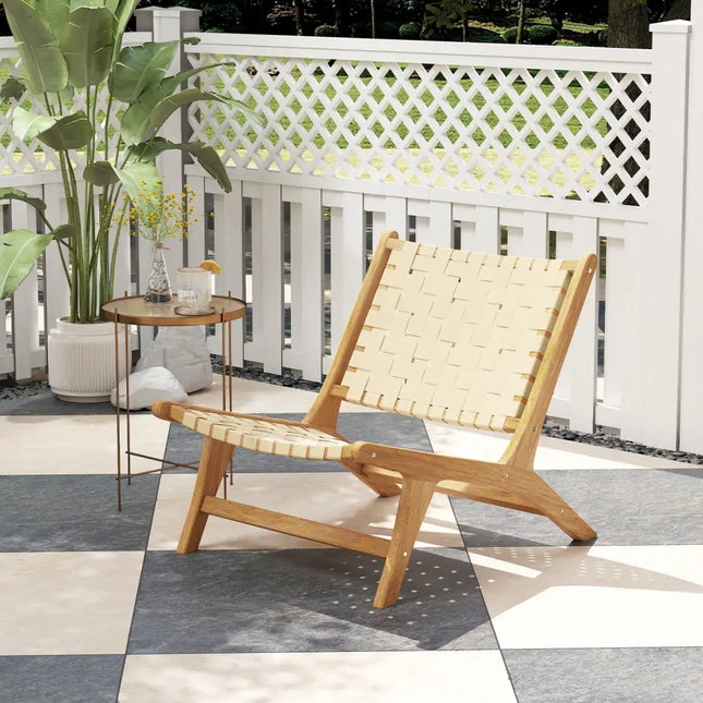 Teak Wood Patio Chair Armless with Webbing Seat and Backrest-Natural - Natural - Patio Dining Chairs