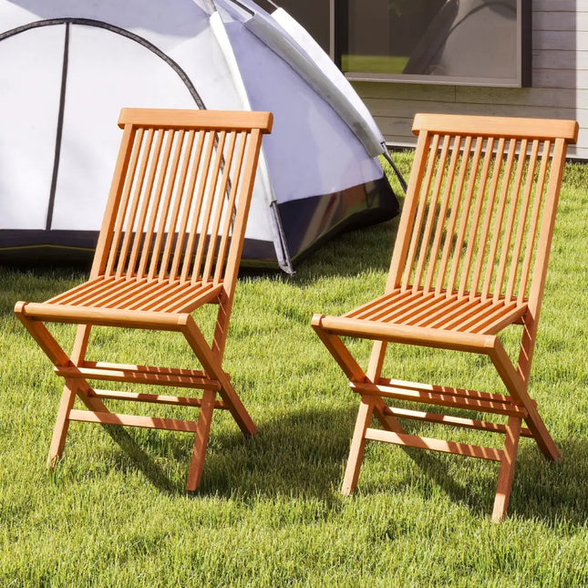 Teak Wood Patio Chairs Set of 2 with High Back and Slatted Seat - Natural - Patio Dining Chairs
