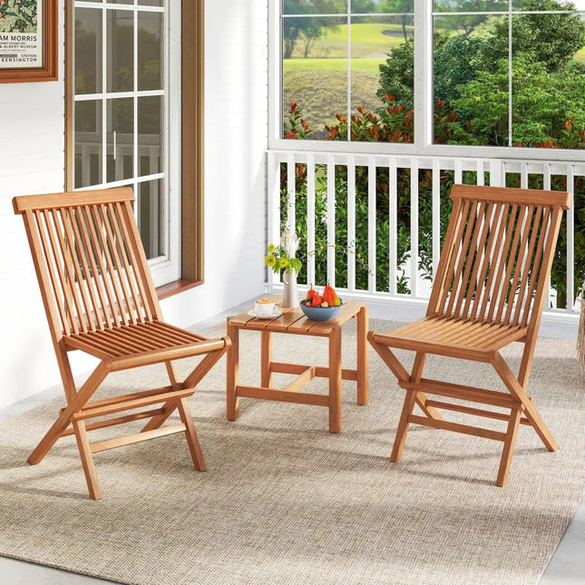 Teak Wood Patio Chairs Set of 2 with High Back and Slatted Seat - Natural - Patio Dining Chairs