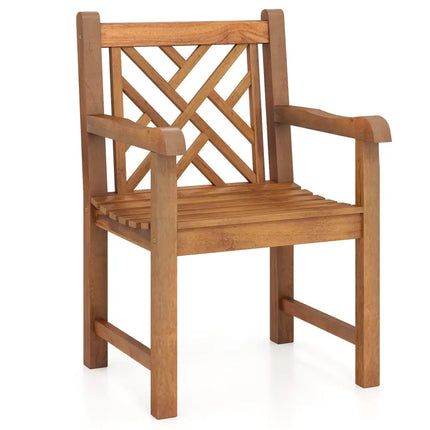 Teak Wood Patio Dining Chair with Slatted Seat Cross-Rhombus Backrest and Solid Legs - Natural - Patio Dining Chairs