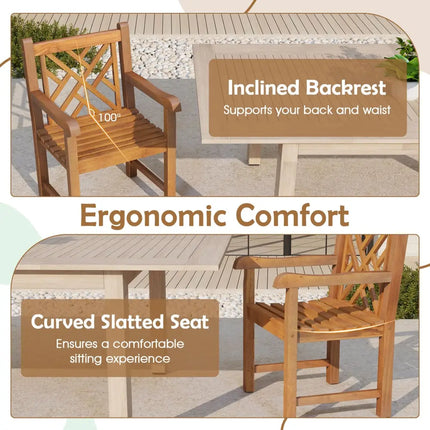 Teak Wood Patio Dining Chair with Slatted Seat Cross-Rhombus Backrest and Solid Legs - Natural - Patio Dining Chairs