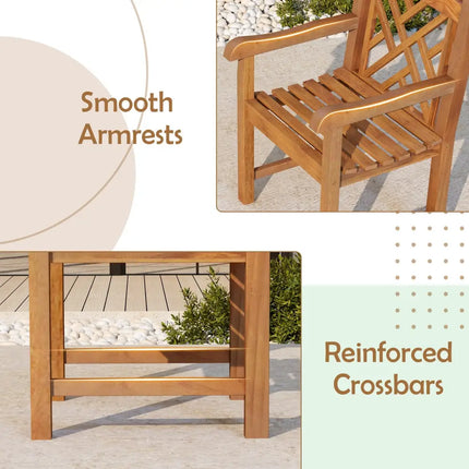 Teak Wood Patio Dining Chair with Slatted Seat Cross-Rhombus Backrest and Solid Legs - Natural - Patio Dining Chairs