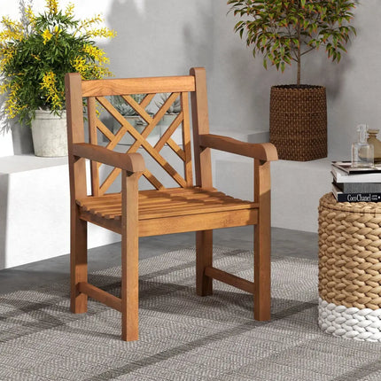 Teak Wood Patio Dining Chair with Slatted Seat Cross-Rhombus Backrest and Solid Legs - Natural - Patio Dining Chairs