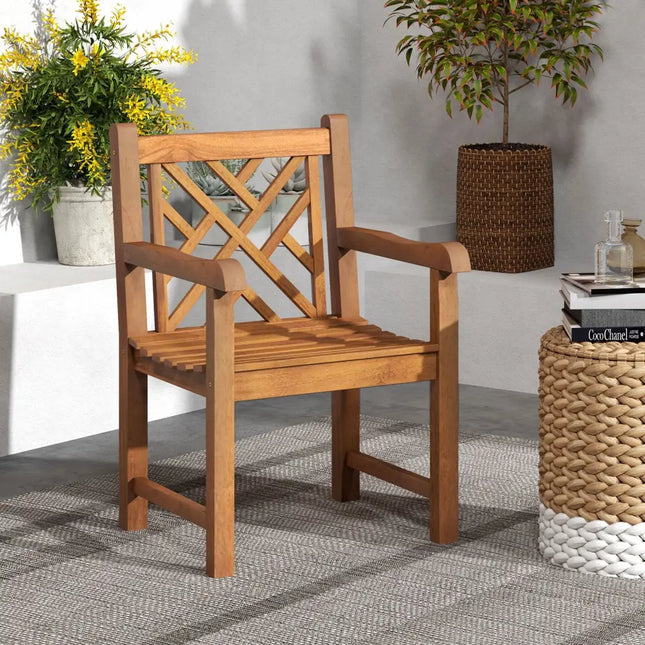 Teak Wood Patio Dining Chair with Slatted Seat Cross-Rhombus Backrest and Solid Legs - Natural - Patio Dining Chairs