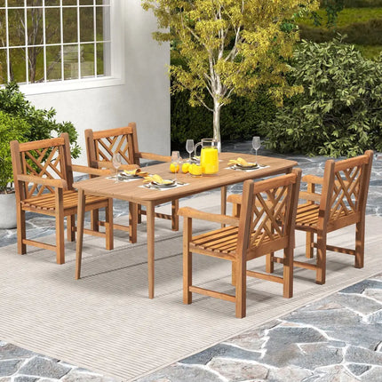 Teak Wood Patio Dining Chair with Slatted Seat Cross-Rhombus Backrest and Solid Legs - Natural - Patio Dining Chairs