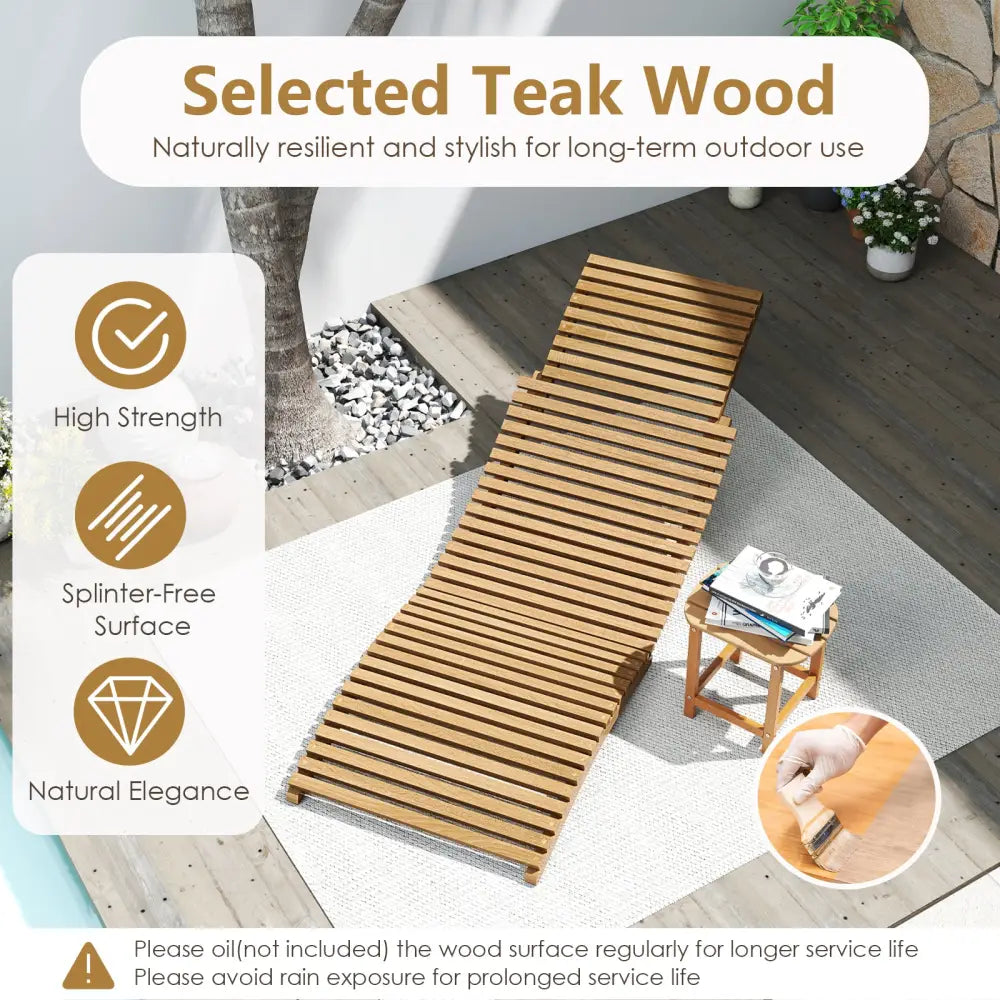 Teak Wood Patio Folding Chaise Lounge Chair with Slatted Seat-2 - Outdoor Chaise Lounges