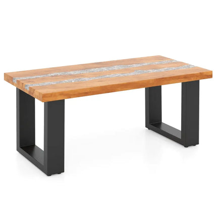 Teak Wood Patio Table with River Feel Epoxy Tabletop - Natural - Coffee Tables