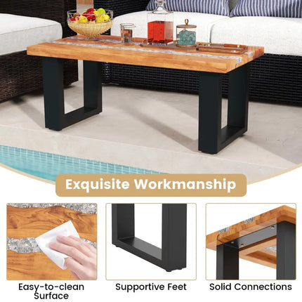 Teak Wood Patio Table with River Feel Epoxy Tabletop - Natural - Coffee Tables