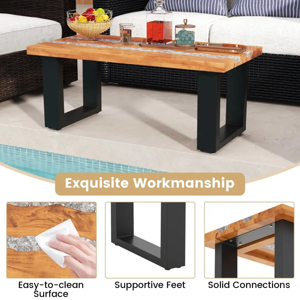 Teak Wood Patio Table with River Feel Epoxy Tabletop - Natural - Coffee Tables