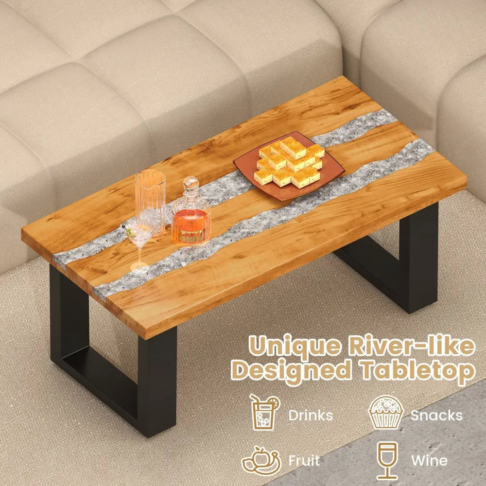Teak Wood Patio Table with River Feel Epoxy Tabletop - Natural - Coffee Tables