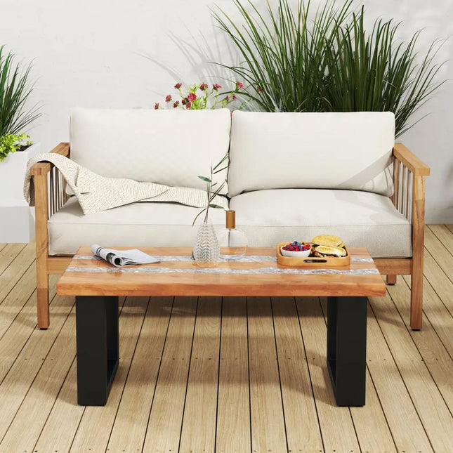 Teak Wood Patio Table with River Feel Epoxy Tabletop - Natural - Coffee Tables