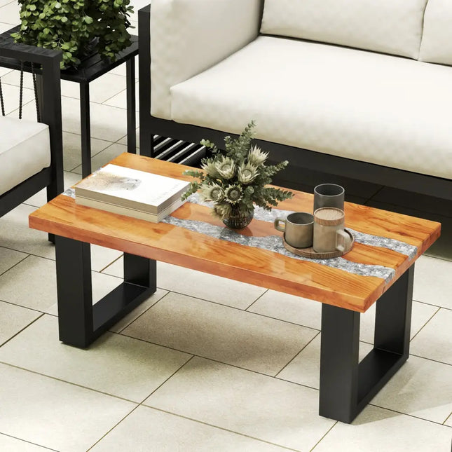 Teak Wood Patio Table with River Feel Epoxy Tabletop - Natural - Coffee Tables